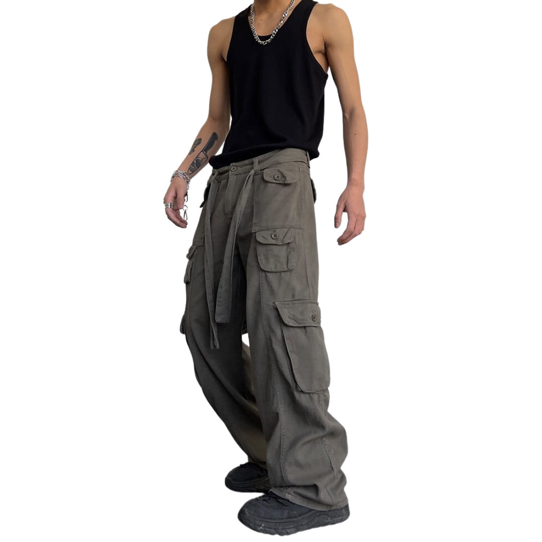 Bohemian Gents Draped Retro Casual High Waist Large Wide-Legged Pocket Cargo Trouser Pants