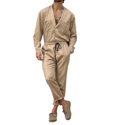 Bohemian Gents Cotton and Linen Casual Two-piece Set Short-sleeved Shirt and Straight Trousers