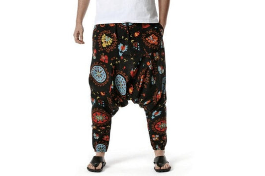 Men's Bohemian Festival Print Harem Baggy Genie Yoga Drop Crotch Pants Joggers Sweatpants Trousers