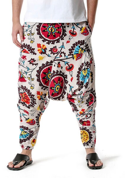 Men's Bohemian Whirlwind Print Harem Baggy Genie Yoga Drop Crotch Pants Joggers Sweatpants Trousers