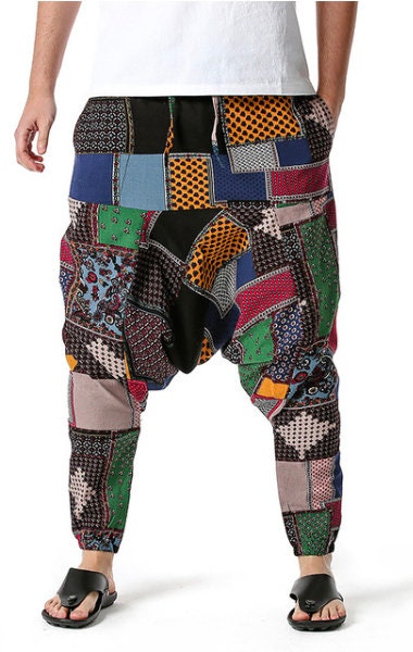 Men's Bohemian Patchwork Mania Print Harem Baggy Genie Yoga Drop Crotch Pants Joggers Sweatpants Trousers