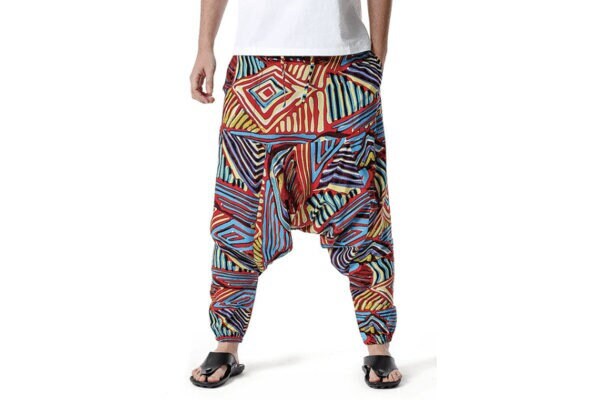 Men's Bohemian Lucid Lines Print Harem Baggy Genie Yoga Drop Crotch Pants Joggers Sweatpants Trousers