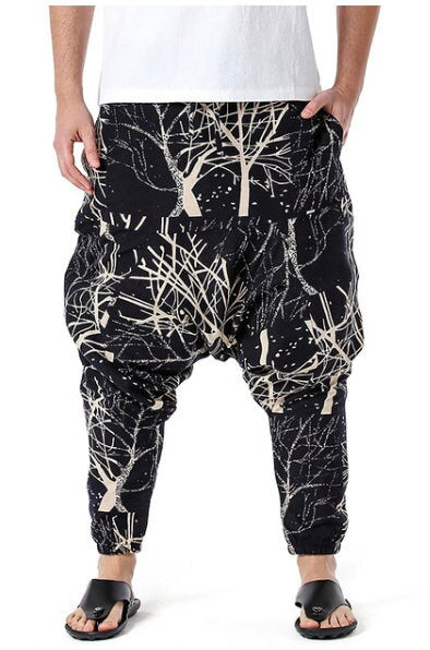 Men's Bohemian Forest Print Harem Baggy Genie Yoga Drop Crotch Pants Joggers Sweatpants Trousers