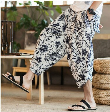 Men's Bohemian Gent Wide Leg 3/4 (Floral) Harem Baggy Genie Yoga Drop Crotch Pants Joggers Sweatpants Trousers