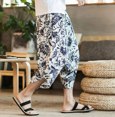 Men's Bohemian Gent Wide Leg 3/4 (Floral) Harem Baggy Genie Yoga Drop Crotch Pants Joggers Sweatpants Trousers