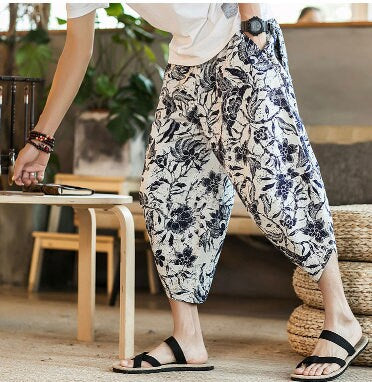 Men's Bohemian Gent Wide Leg 3/4 (Floral) Harem Baggy Genie Yoga Drop Crotch Pants Joggers Sweatpants Trousers