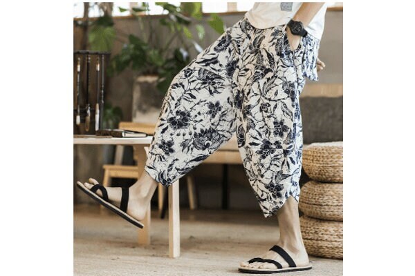 Men's Bohemian Gent Wide Leg 3/4 (Floral) Harem Baggy Genie Yoga Drop Crotch Pants Joggers Sweatpants Trousers