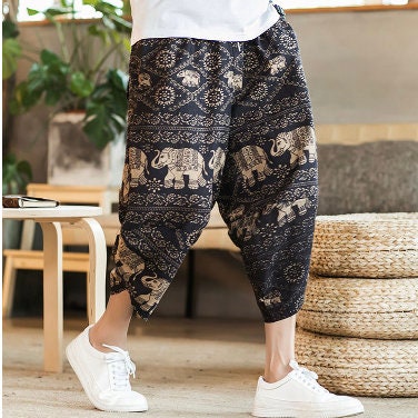 Men's Bohemian Gent Wide Leg 3/4 (Elephant) Harem Baggy Genie Yoga Drop Crotch Pants Joggers Sweatpants Trousers