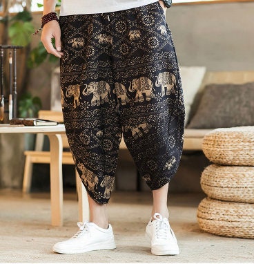 Men's Bohemian Gent Wide Leg 3/4 (Elephant) Harem Baggy Genie Yoga Drop Crotch Pants Joggers Sweatpants Trousers