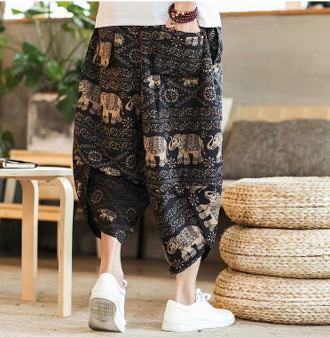 Men's Bohemian Gent Wide Leg 3/4 (Elephant) Harem Baggy Genie Yoga Drop Crotch Pants Joggers Sweatpants Trousers