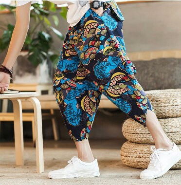 Men's Bohemian Gent Wide Leg 3/4 (Harajuku) Harem Baggy Genie Yoga Drop Crotch Pants Joggers Sweatpants Trousers