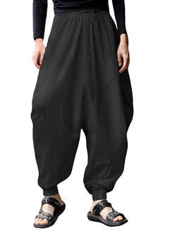 Men's Bohemian Gent Solid (Black) Harem Baggy Genie Yoga Drop Crotch Pants Joggers Sweatpants Trousers