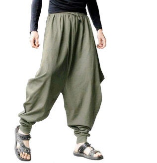 Men's Bohemian Gent Solid (Green) Harem Baggy Genie Yoga Drop Crotch Pants Joggers Sweatpants Trousers