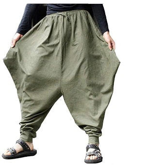 Men's Bohemian Gent Solid (Green) Harem Baggy Genie Yoga Drop Crotch Pants Joggers Sweatpants Trousers