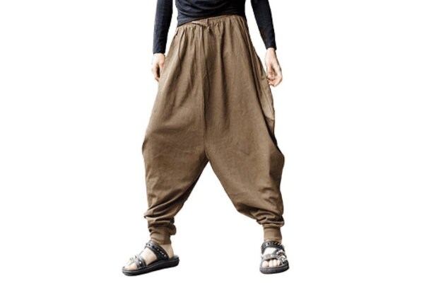 Men's Bohemian Gent Solid (Brown) Harem Baggy Genie Yoga Drop Crotch Pants Joggers Sweatpants Trousers