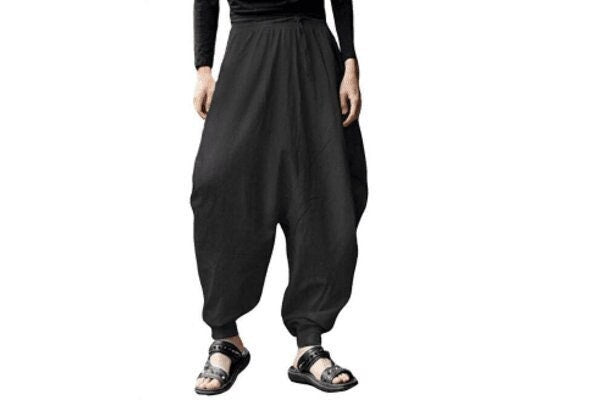 Men's Bohemian Gent Solid (Black) Harem Baggy Genie Yoga Drop Crotch Pants Joggers Sweatpants Trousers