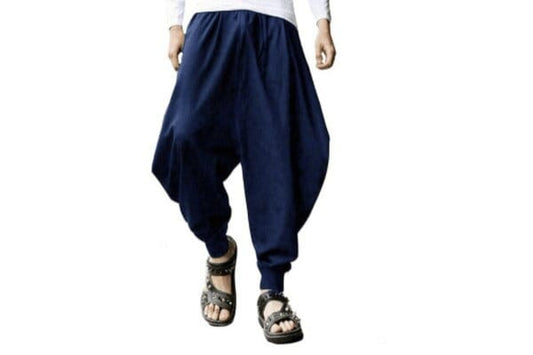 Men's Bohemian Gent Solid (Blue) Harem Baggy Genie Yoga Drop Crotch Pants Joggers Sweatpants Trousers