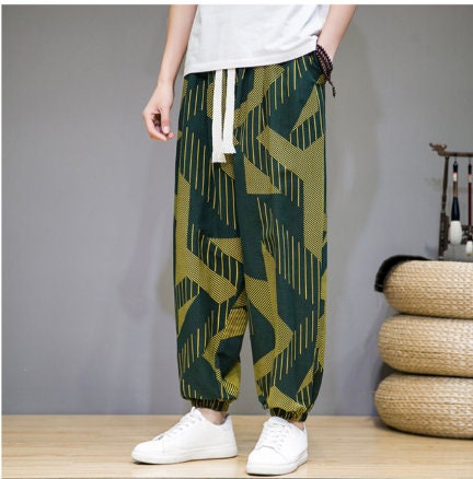 Men's Bohemian Print Light (Green Deco) Joggers - (Harem,Baggy, Genie, Yoga, Drop Crotch, Pants, Joggers, Sweatpants ,Trousers)