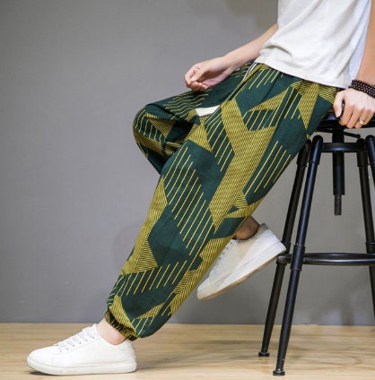 Men's Bohemian Print Light (Green Deco) Joggers - (Harem,Baggy, Genie, Yoga, Drop Crotch, Pants, Joggers, Sweatpants ,Trousers)