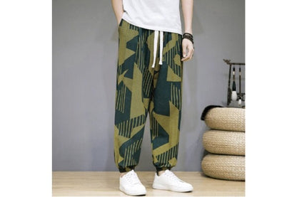 Men's Bohemian Print Light (Green Deco) Joggers - (Harem,Baggy, Genie, Yoga, Drop Crotch, Pants, Joggers, Sweatpants ,Trousers)