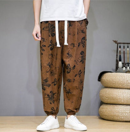 Men's Bohemian Print Light (Golden Floral) Joggers - (Harem,Baggy, Genie, Yoga, Drop Crotch, Pants, Joggers, Sweatpants ,Trousers)