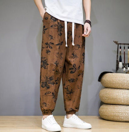 Men's Bohemian Print Light (Golden Floral) Joggers - (Harem,Baggy, Genie, Yoga, Drop Crotch, Pants, Joggers, Sweatpants ,Trousers)