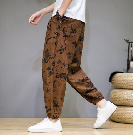 Men's Bohemian Print Light (Golden Floral) Joggers - (Harem,Baggy, Genie, Yoga, Drop Crotch, Pants, Joggers, Sweatpants ,Trousers)