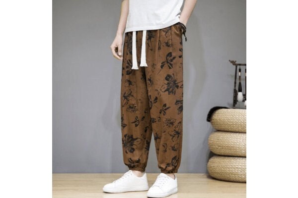 Men's Bohemian Print Light (Golden Floral) Joggers - (Harem,Baggy, Genie, Yoga, Drop Crotch, Pants, Joggers, Sweatpants ,Trousers)