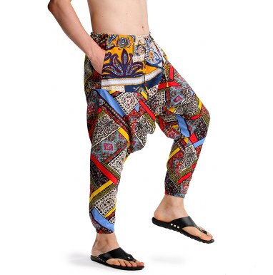 Men's Bohemian Lucid Patchwork Print Harem Pants - (Harem,Baggy, Genie, Yoga, Drop Crotch, Pants, Joggers, Sweatpants ,Trousers)