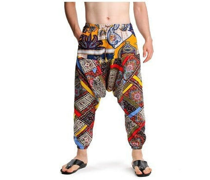 Men's Bohemian Lucid Patchwork Print Harem Pants - (Harem,Baggy, Genie, Yoga, Drop Crotch, Pants, Joggers, Sweatpants ,Trousers)