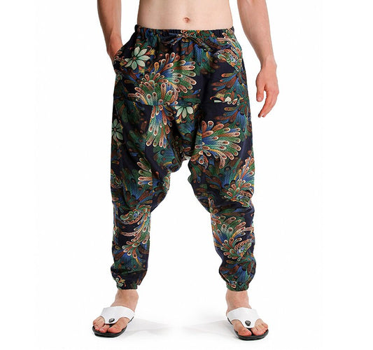 Men's Bohemian Feather Fanatic Print Harem Pants - (Harem,Baggy, Genie, Yoga, Drop Crotch, Pants, Joggers, Sweatpants ,Trousers)