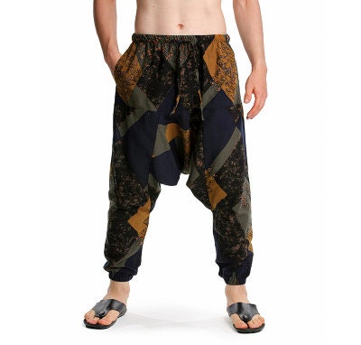 Men's Bohemian Floral Deco Print Harem Pants - (Harem,Baggy, Genie, Yoga, Drop Crotch, Pants, Joggers, Sweatpants ,Trousers)