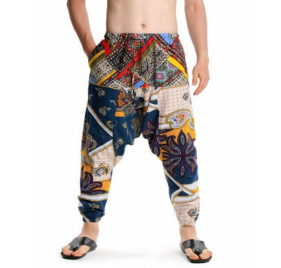 Men's Bohemian Quaint Patch Print Harem Pants - (Harem,Baggy, Genie, Yoga, Drop Crotch, Pants, Joggers, Sweatpants ,Trousers)