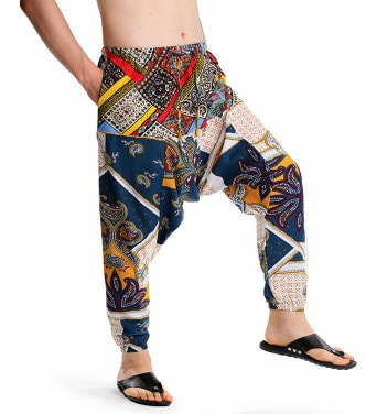 Men's Bohemian Quaint Patch Print Harem Pants - (Harem,Baggy, Genie, Yoga, Drop Crotch, Pants, Joggers, Sweatpants ,Trousers)