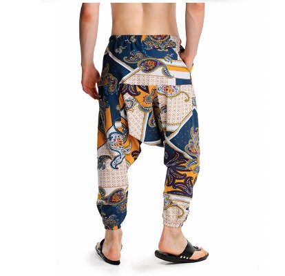 Men's Bohemian Quaint Patch Print Harem Pants - (Harem,Baggy, Genie, Yoga, Drop Crotch, Pants, Joggers, Sweatpants ,Trousers)