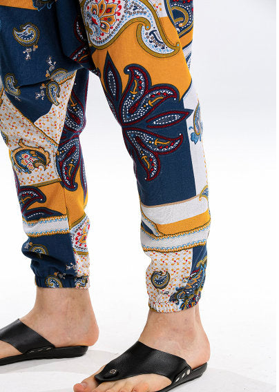 Men's Bohemian Quaint Patch Print Harem Pants - (Harem,Baggy, Genie, Yoga, Drop Crotch, Pants, Joggers, Sweatpants ,Trousers)