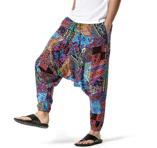 Men's Bohemian Patchwork Print Harem Baggy Genie Yoga Drop Crotch Pants Joggers Sweatpants Trousers