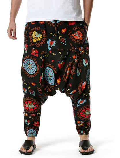 Men's Bohemian Festival Print Harem Baggy Genie Yoga Drop Crotch Pants Joggers Sweatpants Trousers