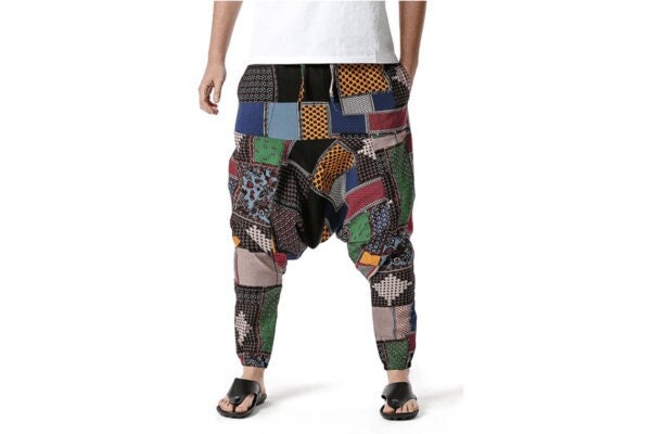 Men's Bohemian Patchwork Mania Print Harem Baggy Genie Yoga Drop Crotch Pants Joggers Sweatpants Trousers