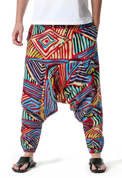 Men's Bohemian Lucid Lines Print Harem Baggy Genie Yoga Drop Crotch Pants Joggers Sweatpants Trousers