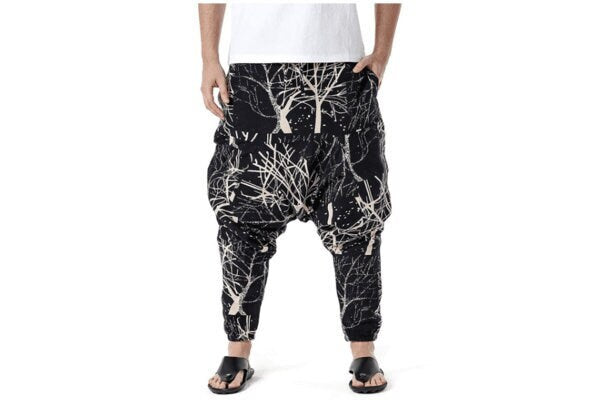 Men's Bohemian Forest Print Harem Baggy Genie Yoga Drop Crotch Pants Joggers Sweatpants Trousers