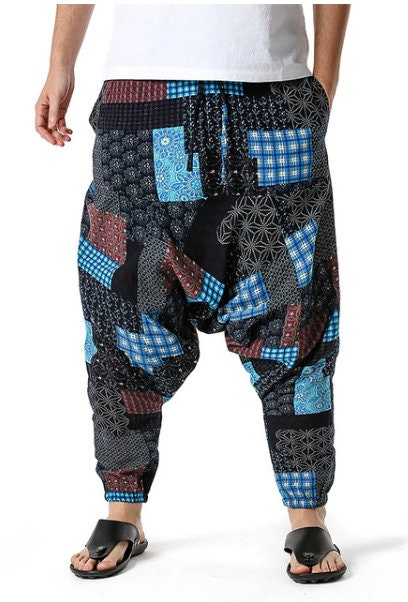 Men's Bohemian Ocean Patchwork Print Harem Baggy Genie Yoga Drop Crotch Pants Joggers Sweatpants Trousers