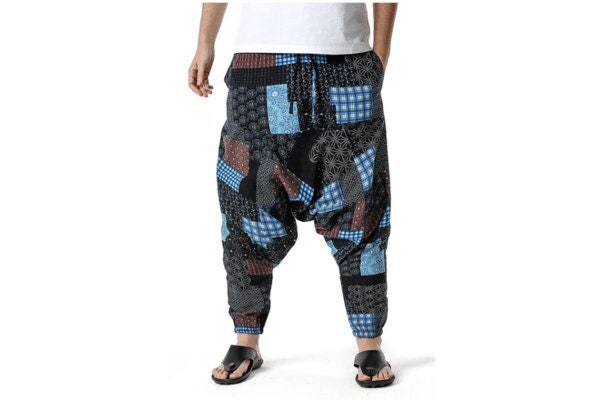 Men's Bohemian Ocean Patchwork Print Harem Baggy Genie Yoga Drop Crotch Pants Joggers Sweatpants Trousers