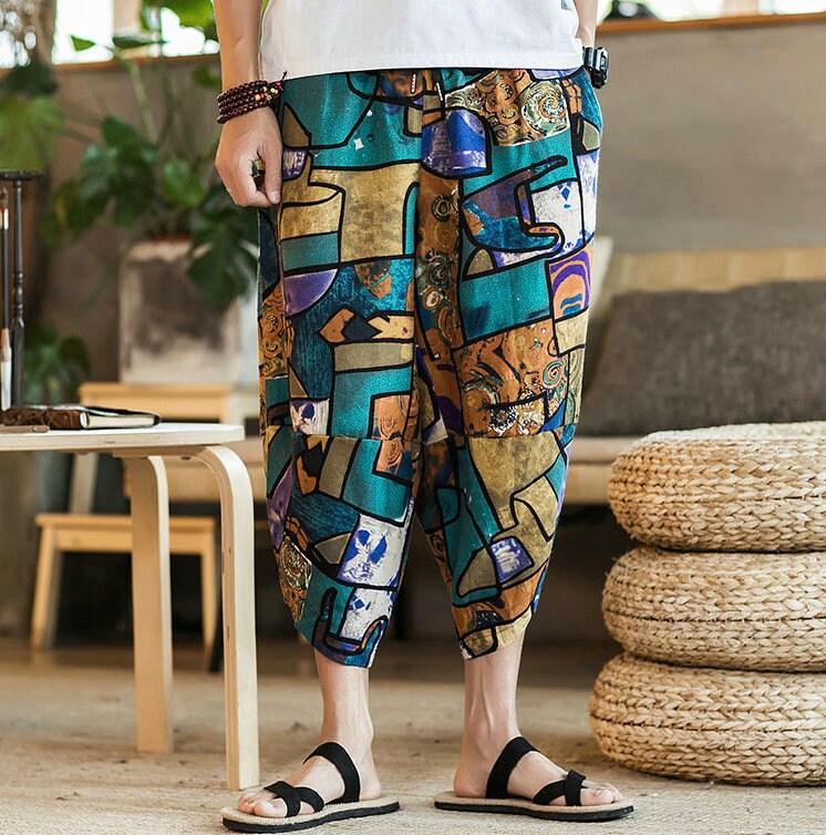 Men's Bohemian Gent Wide Leg 3/4 (Abstract) Harem Baggy Genie Yoga Drop Crotch Pants Joggers Sweatpants Trousers