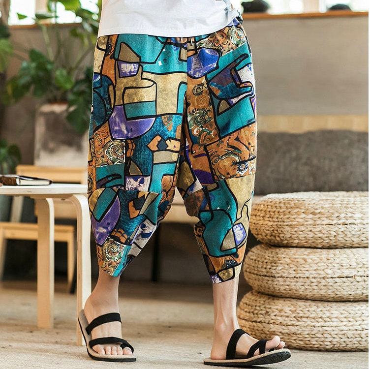 Men's Bohemian Gent Wide Leg 3/4 (Abstract) Harem Baggy Genie Yoga Drop Crotch Pants Joggers Sweatpants Trousers