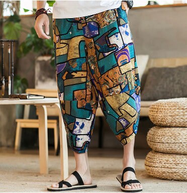 Men's Bohemian Gent Wide Leg 3/4 (Abstract) Harem Baggy Genie Yoga Drop Crotch Pants Joggers Sweatpants Trousers