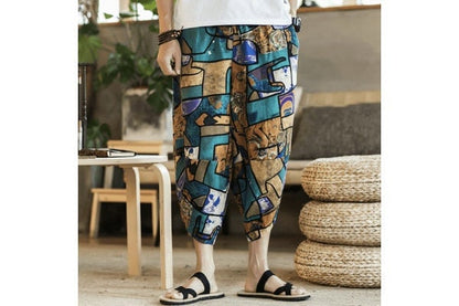 Men's Bohemian Gent Wide Leg 3/4 (Abstract) Harem Baggy Genie Yoga Drop Crotch Pants Joggers Sweatpants Trousers