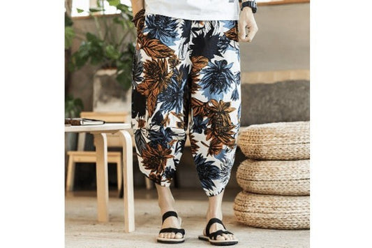 Men's Bohemian Gent Wide Leg 3/4 (Leaf) Harem Baggy Genie Yoga Drop Crotch Pants Joggers Sweatpants Trousers