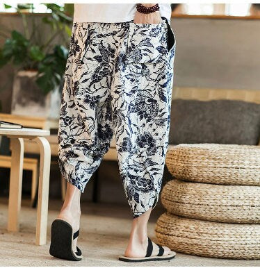 Men's Bohemian Gent Wide Leg 3/4 (Floral) Harem Baggy Genie Yoga Drop Crotch Pants Joggers Sweatpants Trousers