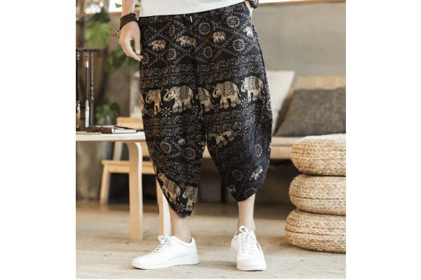 Men's Bohemian Gent Wide Leg 3/4 (Elephant) Harem Baggy Genie Yoga Drop Crotch Pants Joggers Sweatpants Trousers